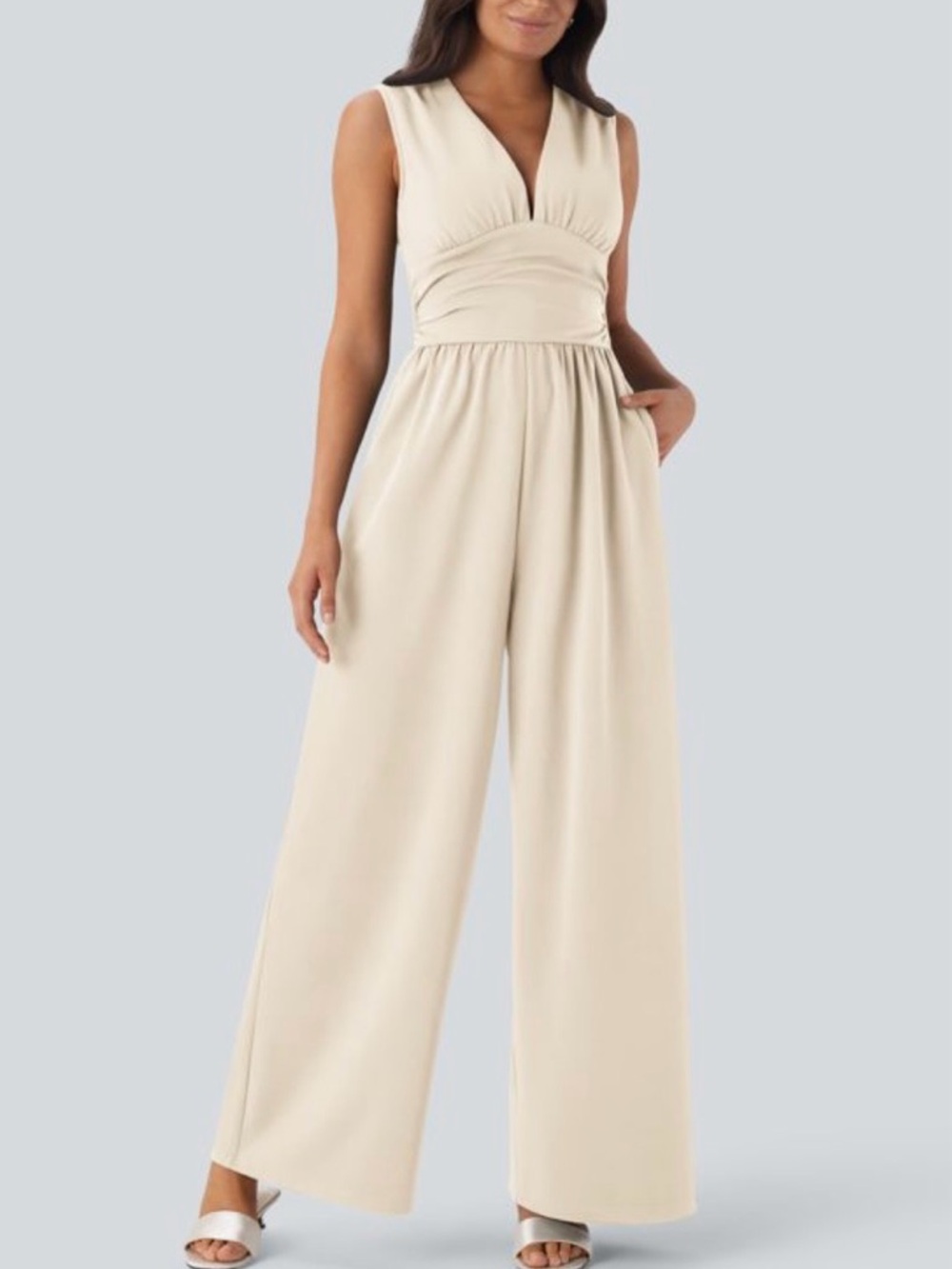 Halara Sleeveless V-Neck Wide-Leg Jumpsuit in Cream Size S